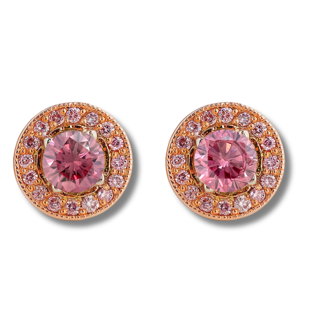 0.68 Carat Vivid Pink + Pink Diamond Halo Earrings